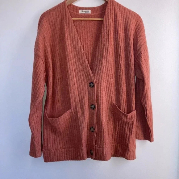 Ginger G Cardigan Medium Terracotta Button Front V-Neck Ribbed Sweater Pockets - Picture 1 of 6